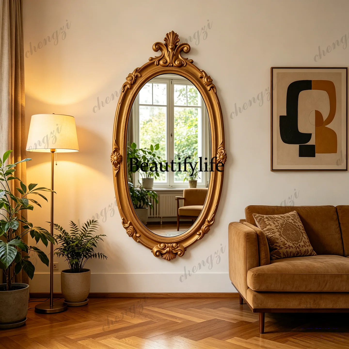 European retro oval wall-mounted full-length mirror entrance engraved full-length mirror American home