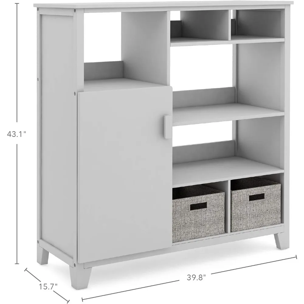 Media System (Gray) – 43 Inch Wooden Cubby Storage Organizer Bookcase With Fabric Bins for Bedroom and Playroom Book Shelf Room