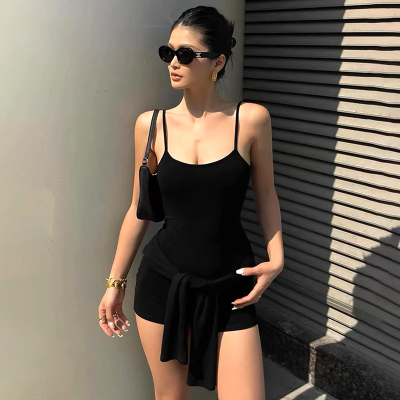 CUTENOVA Spicy Girl Long Sleeved Short Cardigan Comisole Jumpsuit For Women'S Summer New Sexy Slim Two Piece Playsuits Fashion