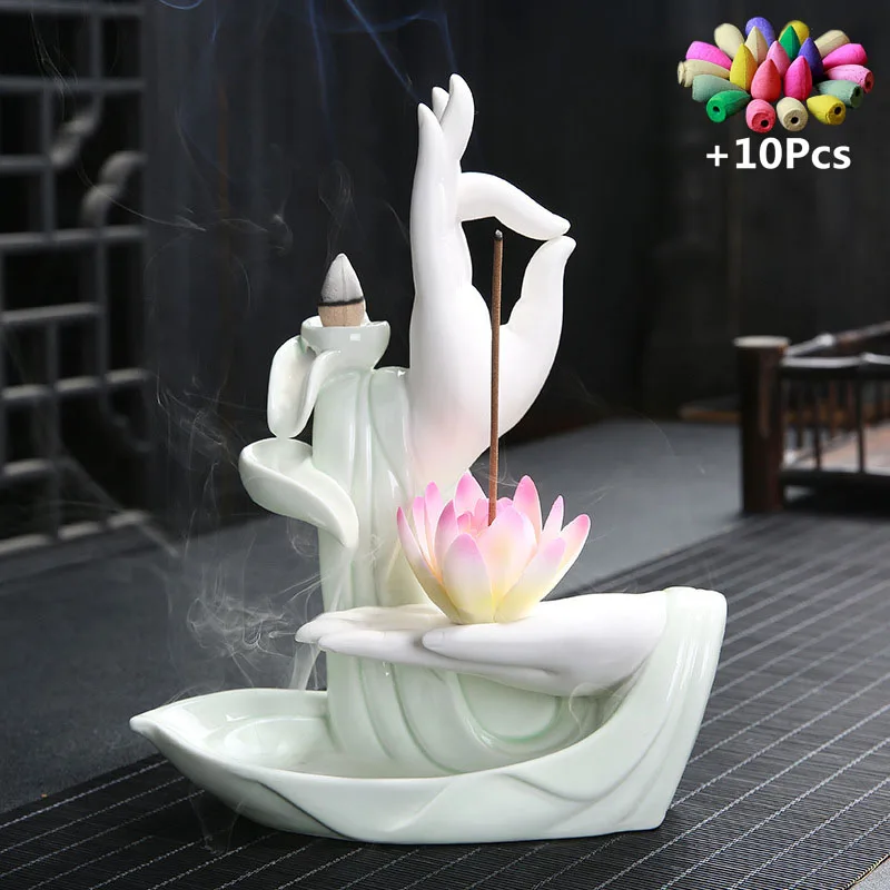 Gift 10Cones White Ceramic Incense Censer Buddha Hand Backflow Stick Holder