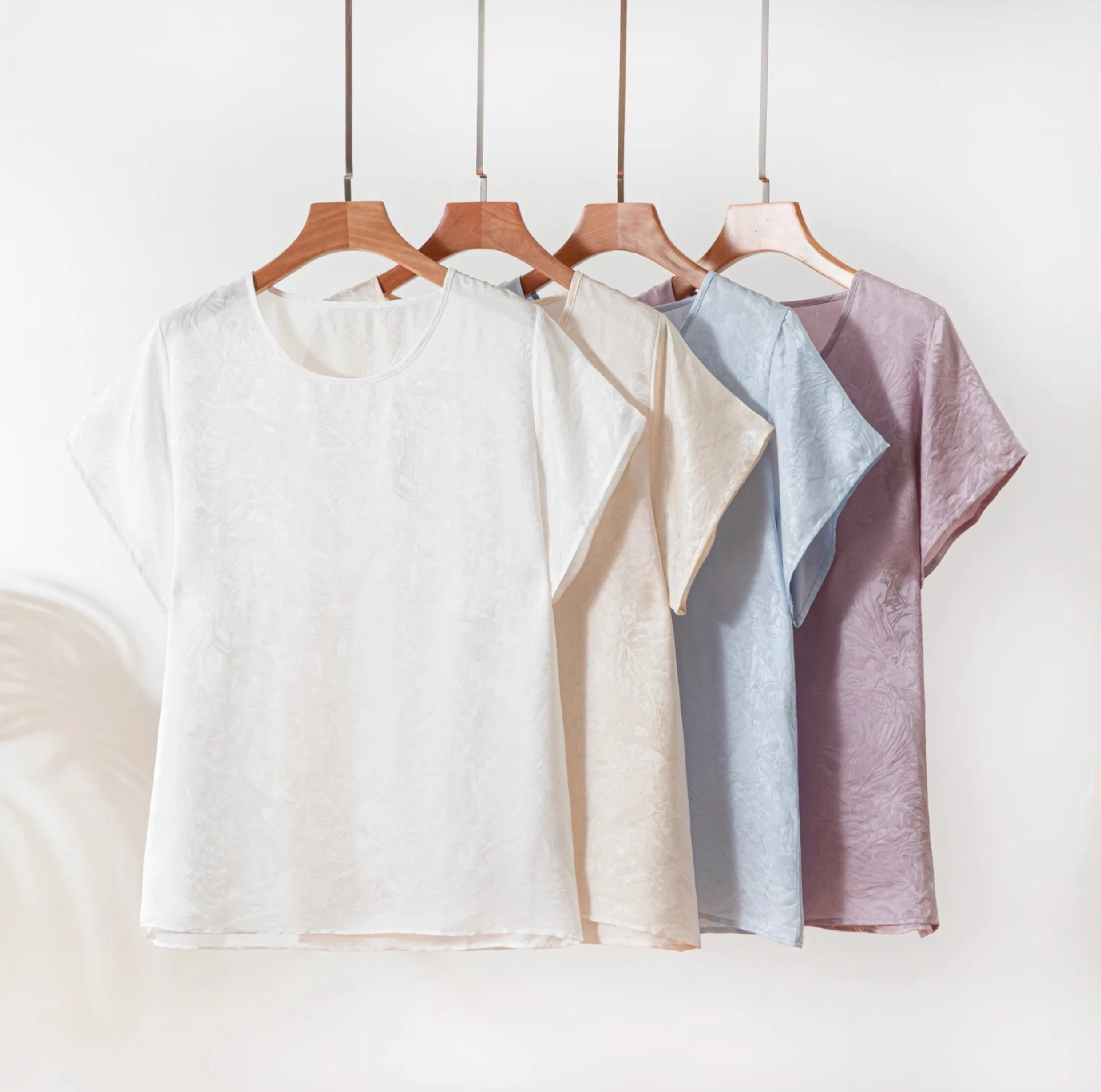 

100% шелк шелковицы, синий жаккардовый шелковый круглый вырез, женская рубашка с коротким рукавом, футболка, топ, блузка, пуловер, летний L XL FF056