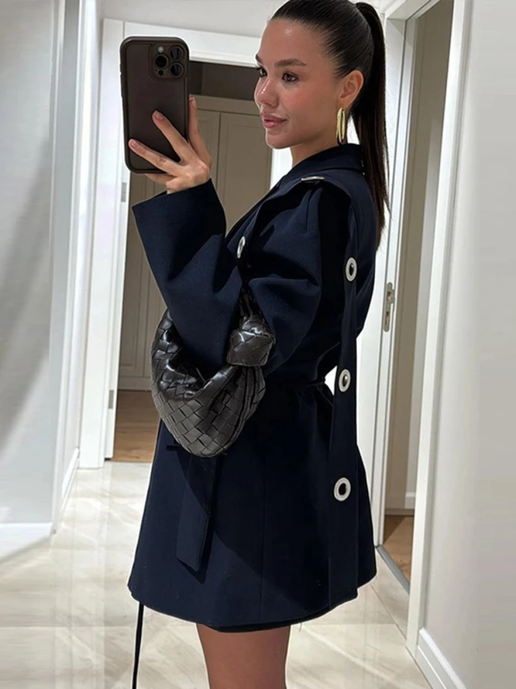 

Fashion Solid Turn-down Collar Coat Women Wool Blend Lace Up All-match Mid-length Blazer 2025 Lady Autumn Winter Chic Overcoat