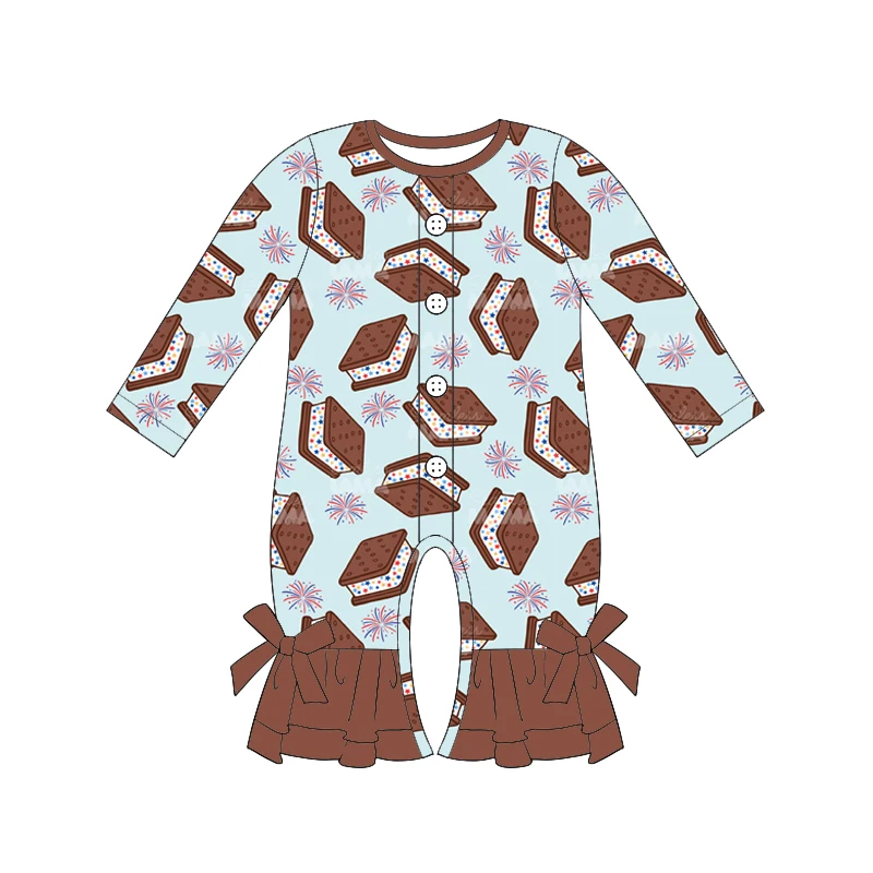 Patriotic onesies babies baby style July 4th Long sleeves buttons ruffles bow decorate Red and blue star firework prints custom