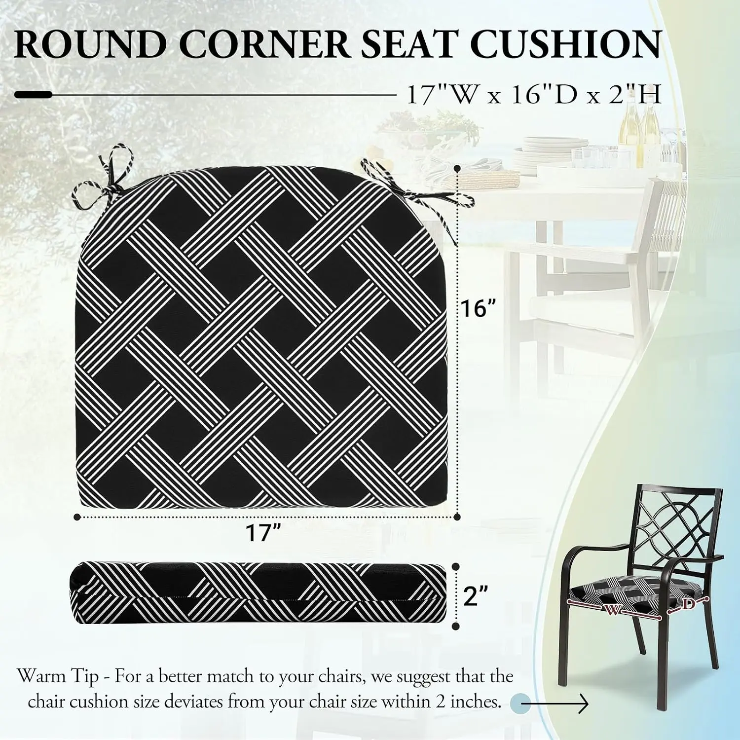 Outdoor Chair Cushions Set of 6 for Patio Furniture, Water Resistant Round Corner Seat Cushions 17