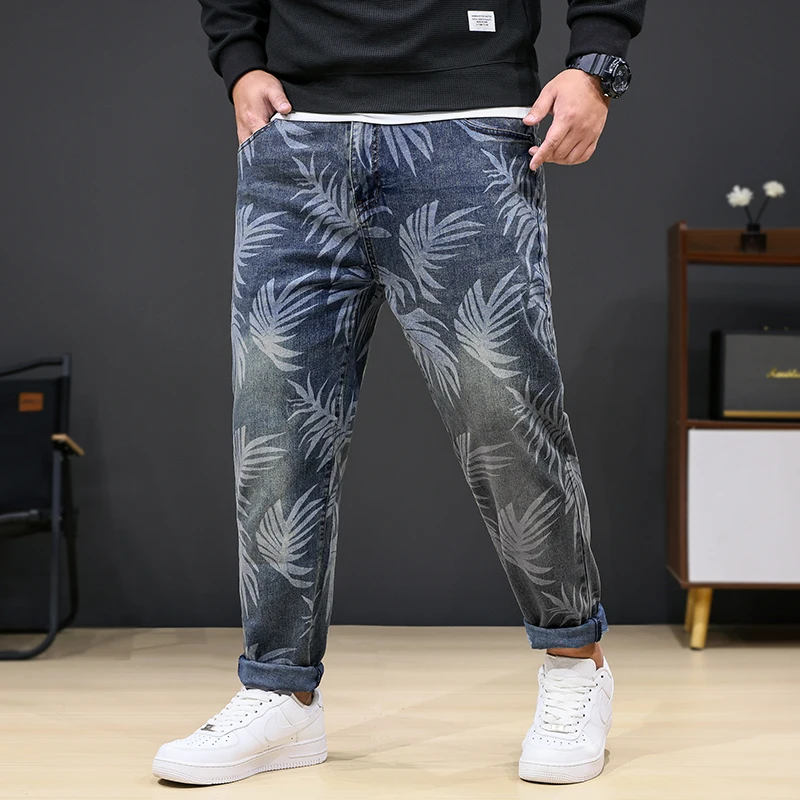 

8XL oversized jeans men's fashion leaf printed trendy casual stretch denim plus sizes loose 150kg fat pants