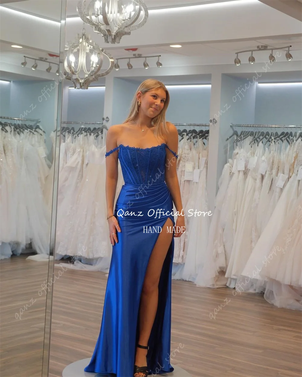 Qanz Royal Blue Dress Prom Off The Shoulder High Slit Appliques Lace Vestidos Festa Luxo Satin Mermaid Evening Dress Customized