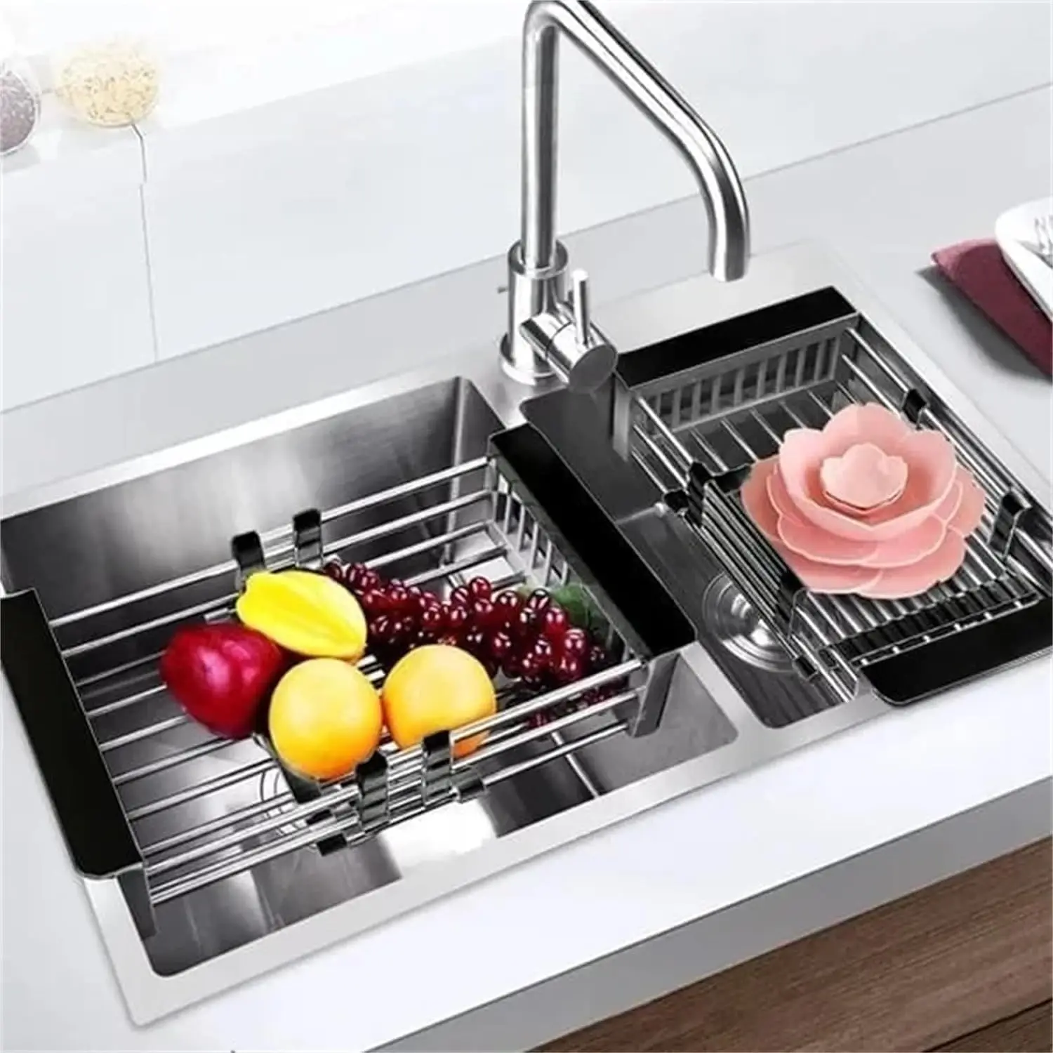Extend Kitchen Sink Drain Basket, Retractable Stainless Steel Sink Strainer Drain,Elescopic Drain Basket with Adjustable Armrest