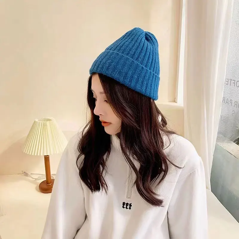 New Candy Colors Winter Hat Women Knitted Hat Warm Soft Trendy Caps Kpop Style Wool Beanie Elegant All-match Cap