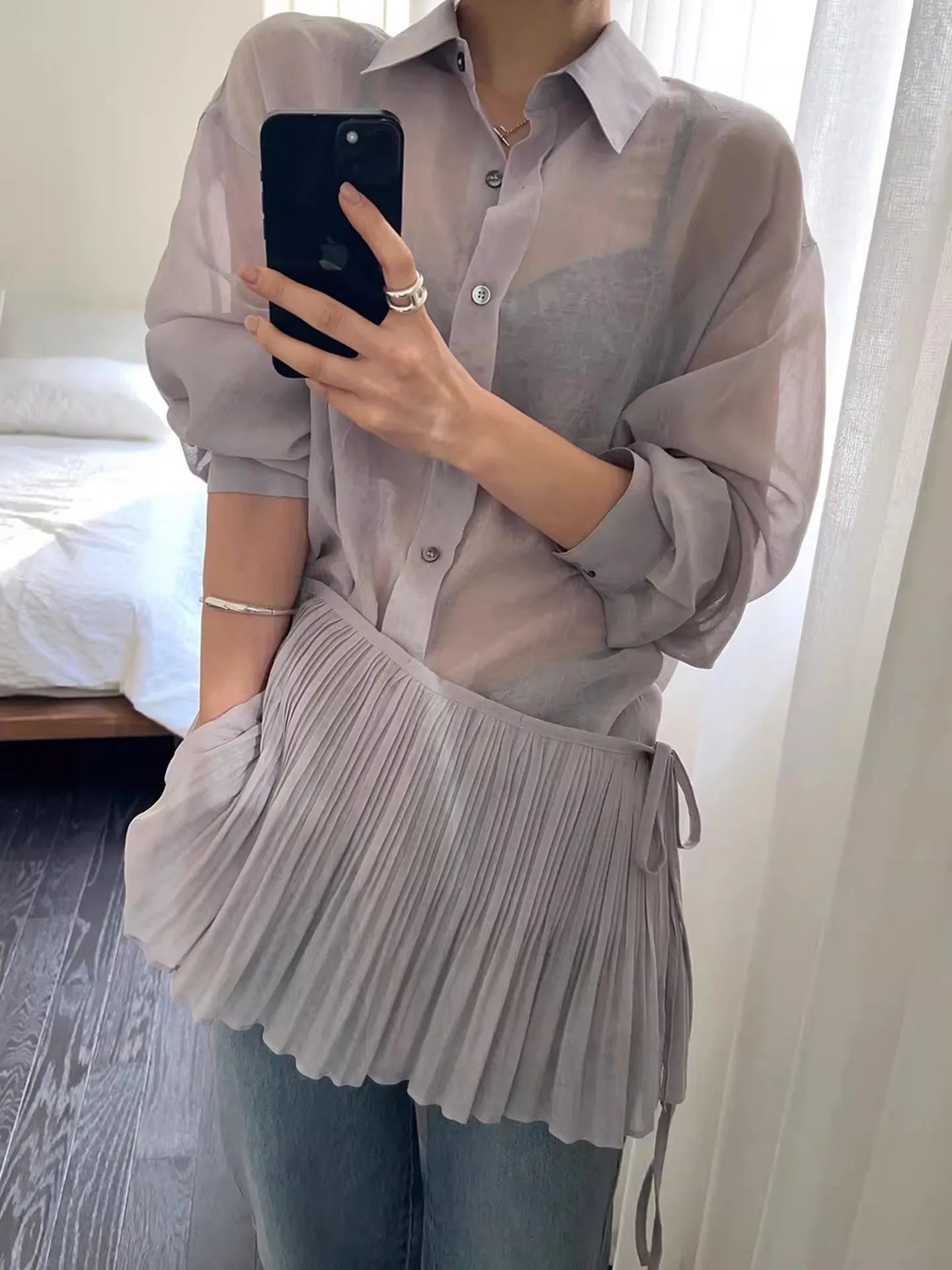 Clothland Women Elegant See Through Two Piece Blouse Suit Long Sleeve Shirt Basic Female Chic Shirt Blusa Top LB462