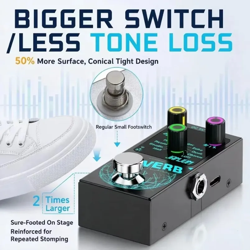 Guitar Reverb Effect Pedal Digital 9 Modes LED Knob Backlight Bluetooth Backing Track Mini Stompbox for Electric Bass Amp