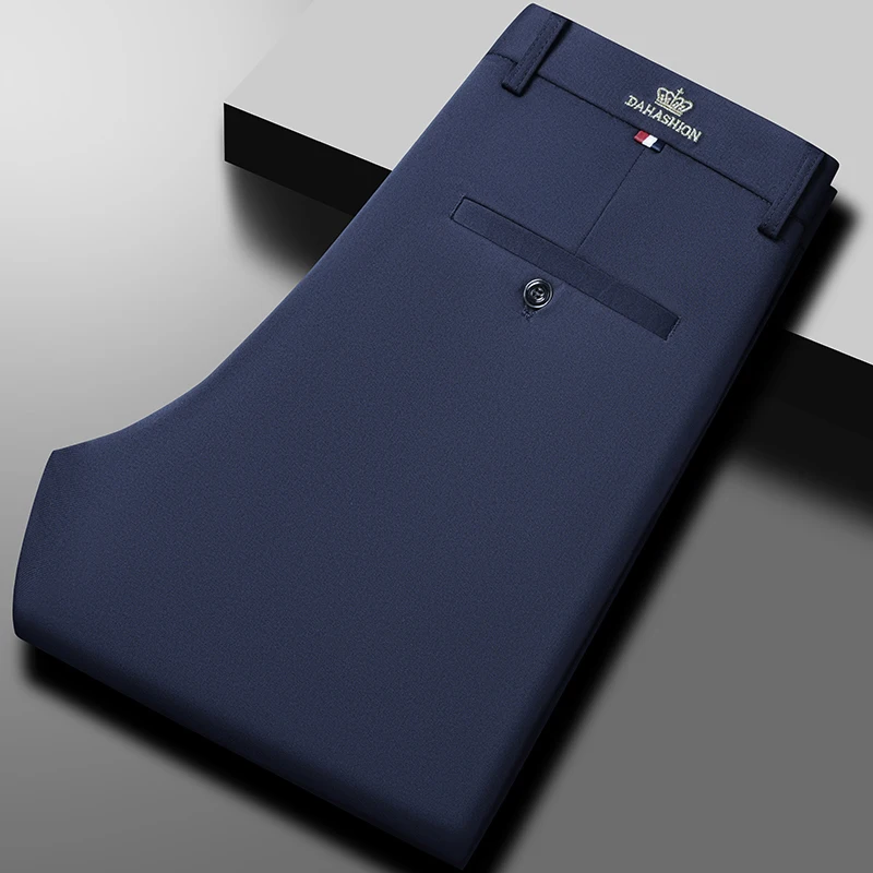 

Мужские деловые брюки прямого кроя, эластичные, для офиса, весна-лето-осень, черные, темно-синие, повседневные, смарт-кэжуал