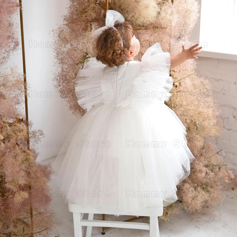 Vestido de flores con purpurina para niña, vestido de fiesta de manga corta con volantes para cumpleaños, vestido hinchado para primera comunión