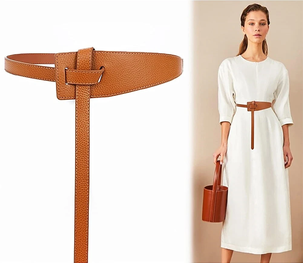 

Women Genuine Leather Belts Vintage Irregular Waist Belt for Dresses Tie Knot Waistband Belt