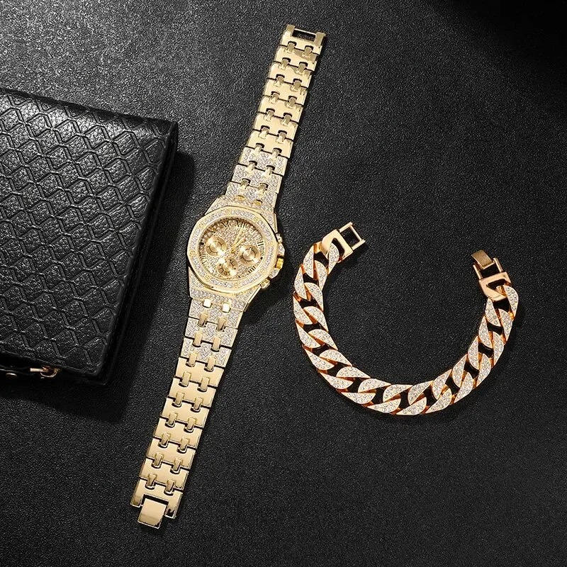 Luxe Heren Horloge Roestvrij Stee Band Gouden Horloges Voor Mannen Mode Hip Hop Horloge Diamant Big Dial Business Quartz Polshorloges