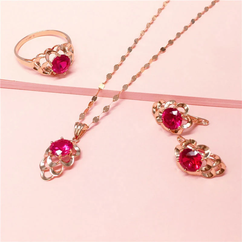 585 purple gold inlaid delicate vintage grape-shaped ruby jewelry sets 14K rose gold plated elegant necklace earrings for women