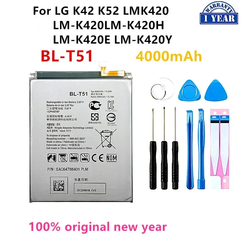 

Original BL-T51 4000mAh Battery For LG K42 K52 LMK420 LM-K420 LM-K420H LM-K420E LM-K420Y BL T51 Mobile phone Batteries+Tools