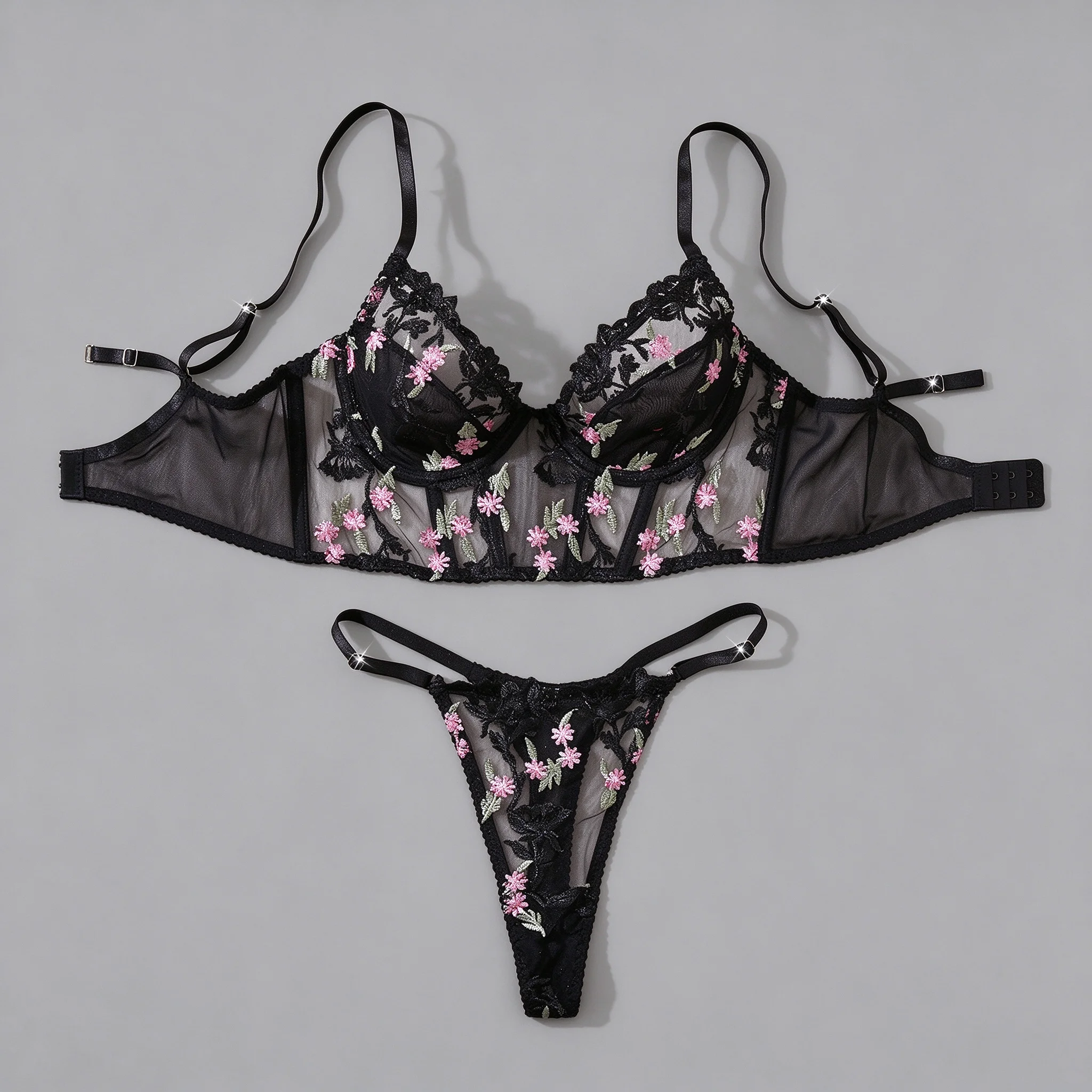 Floral Embroidered Fishbone Lingerie Set Sheer Mesh See‑Through Bustier Top Seductive Lace Lingerie Kit with Matching Thong
