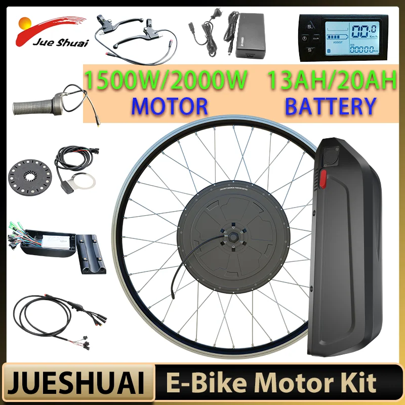 48V 1500W/2000W Rear Hub Brushless Gearless Freewheel Motor Electric Bike Conversion Kit 26‘’27.5‘’700C Wheel Waterproof Ebike