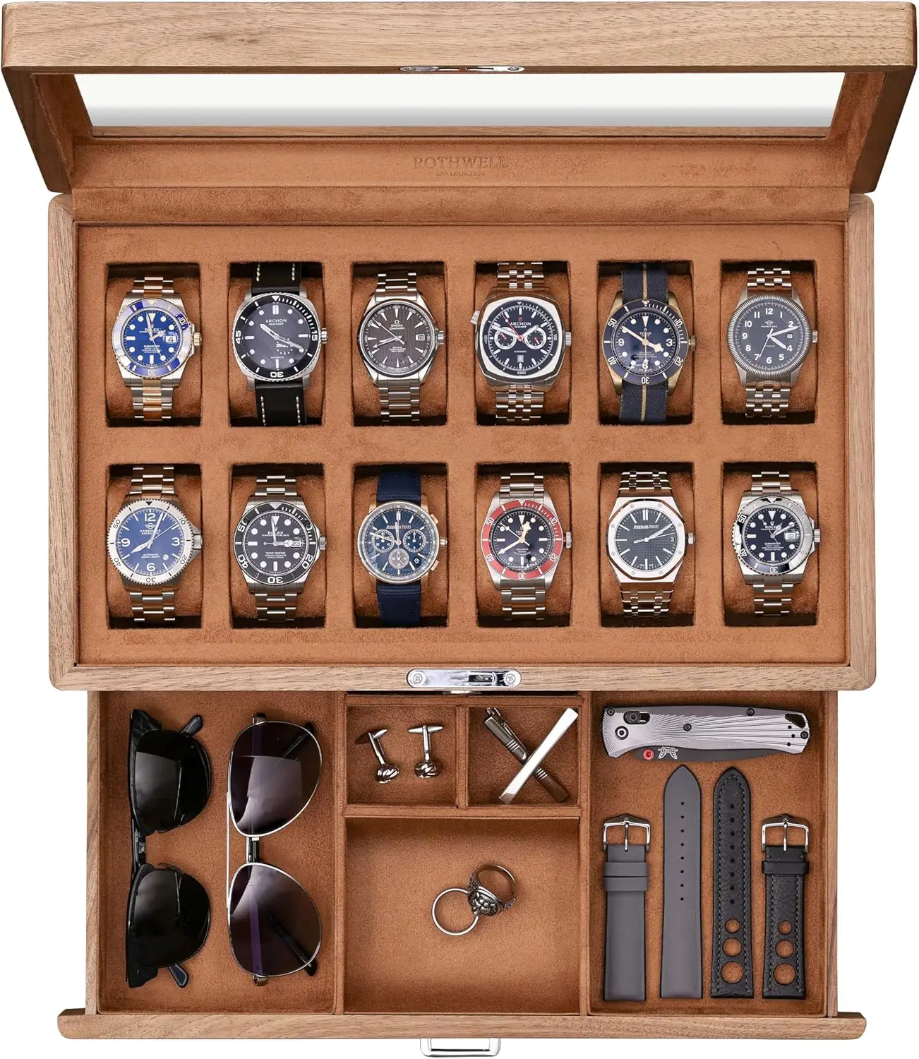 

12-Slot Solid Walnut Watch Box with Valet Drawer and Locking Glass Top