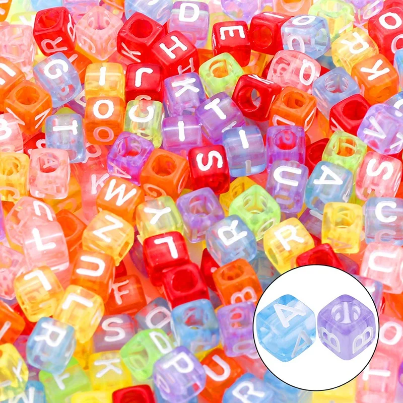 1400 5-Color Acrylic Alphabet Square Beaded Alphabet Beads With 1 Roll Of 50M Crystal Rope For Jewelry Making (6Mm)