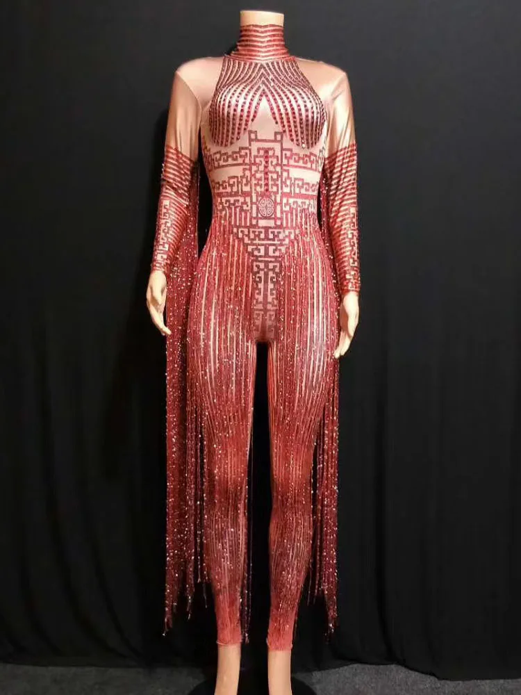 High Quality Rhinestone Long Tassel Sexy Elastic Jumpsuit 2024 New Fashion Custom Women'S Clothing