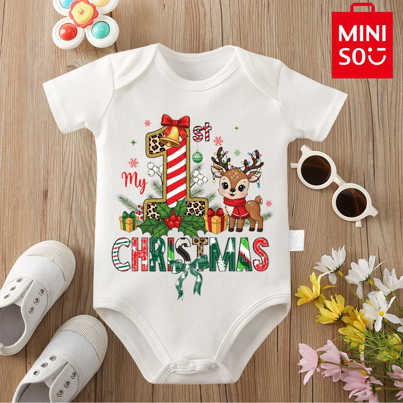 

100% Cotton Cloths MINISO HOHOHO Baby's First Christmas Cute Onesie Jumpsuit Bodysuit for 0-12 Months Newborn Best Gift for Baby