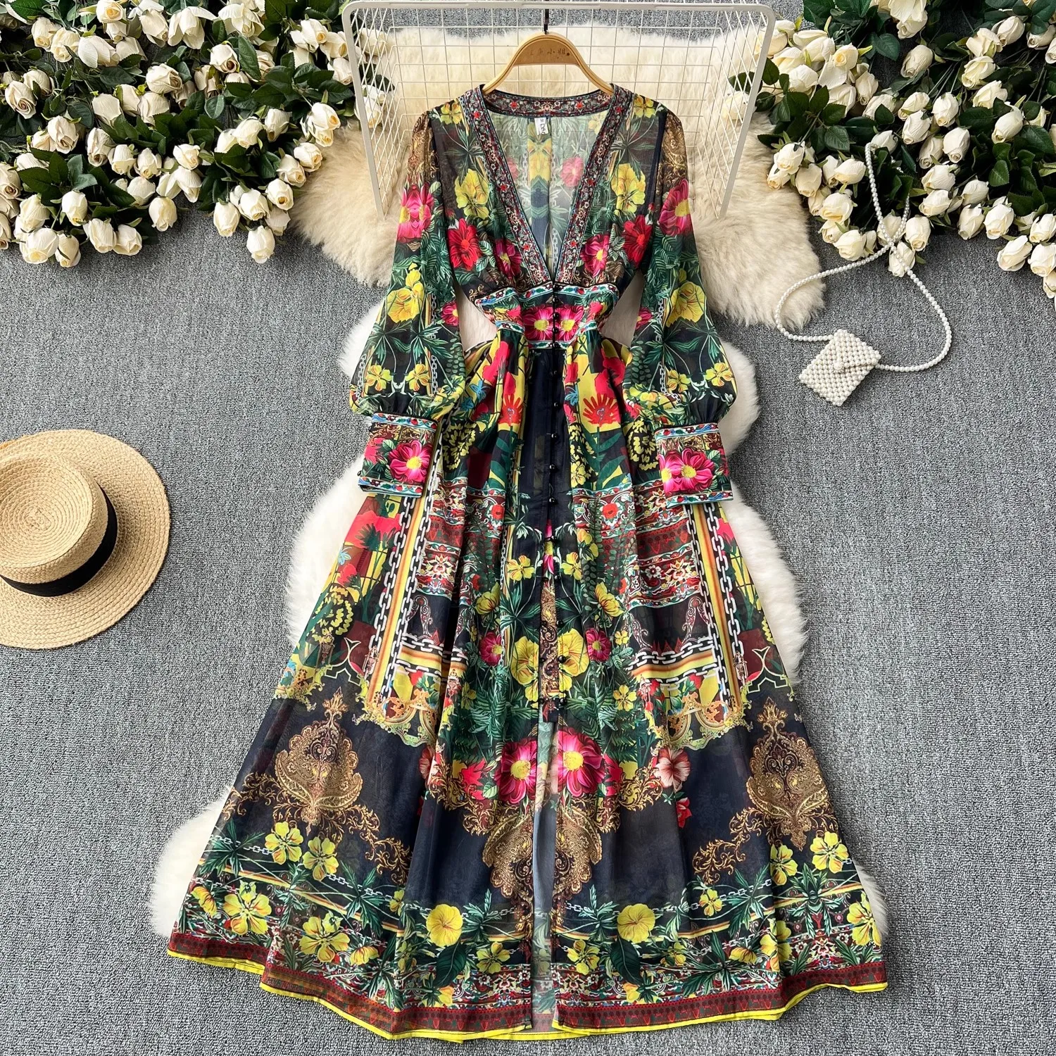 Sexy profundo decote em V feminino manga comprida vestido de chiffon estampado floral, linda flor, ver através de babados, boho robe, moda, 2022