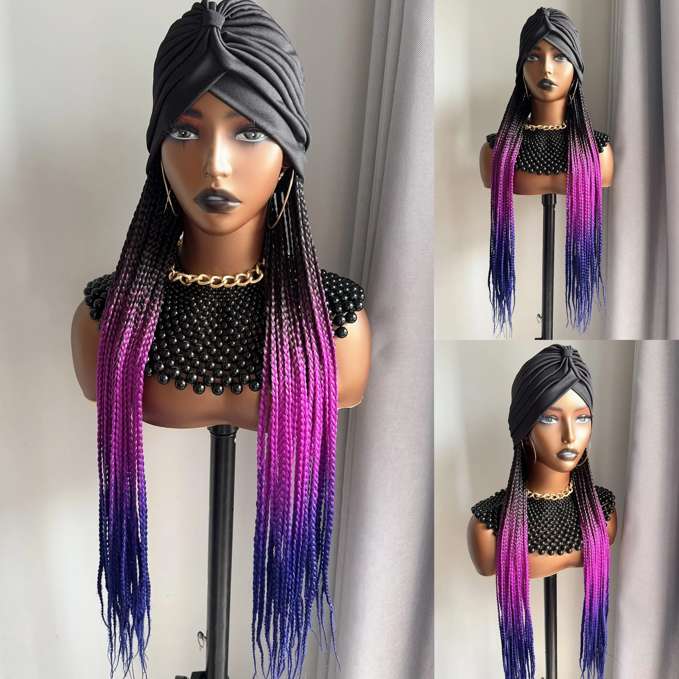 Long 24Inch Ombre Black Purple Lavender Box Braided Synthetic Head Wraps Headband With Turban Cap Braiding Hair Extensions Wigs