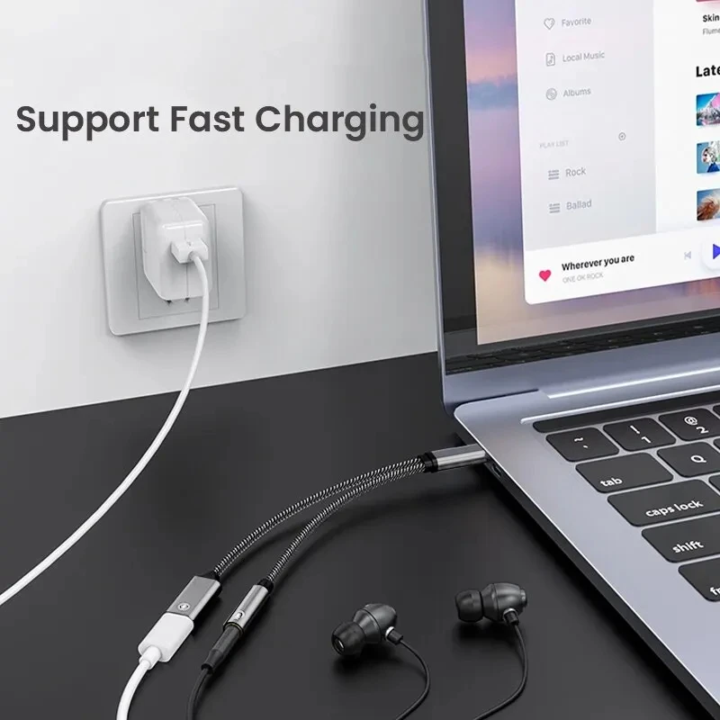 WANGYOU 2-in-1 USB C auf 3,5 mm Kopfhörer- und Ladegerät-Adapter, USB C PD 3.0-Anschluss auf Aux-Audio-Buchse, Schnelllade-Dongle-Kabel