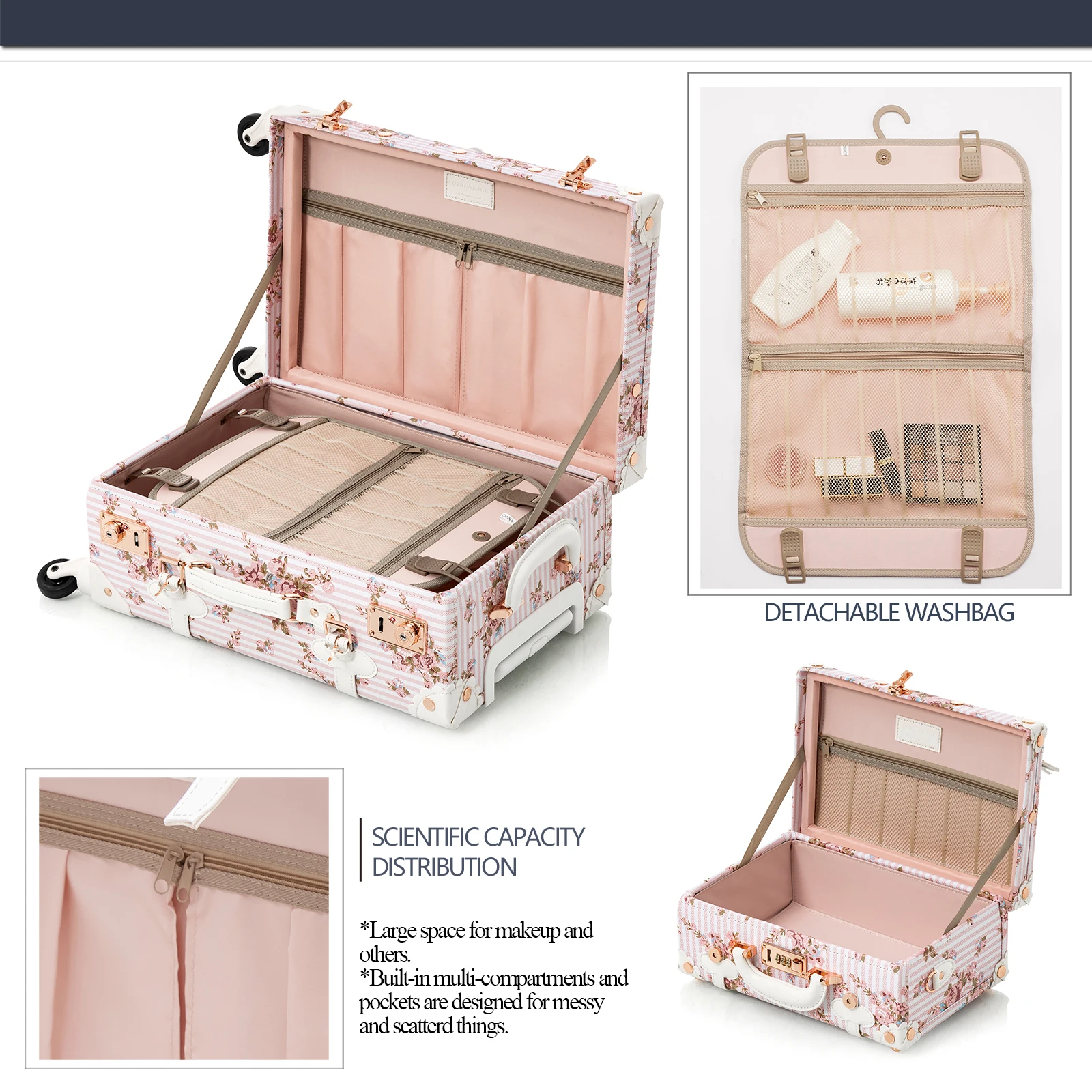 COTRUNKGAE 24" Floral Vintage Luggage Set for Women, 20" Carry On Suitcase with Spinner Wheels, Pink Floral