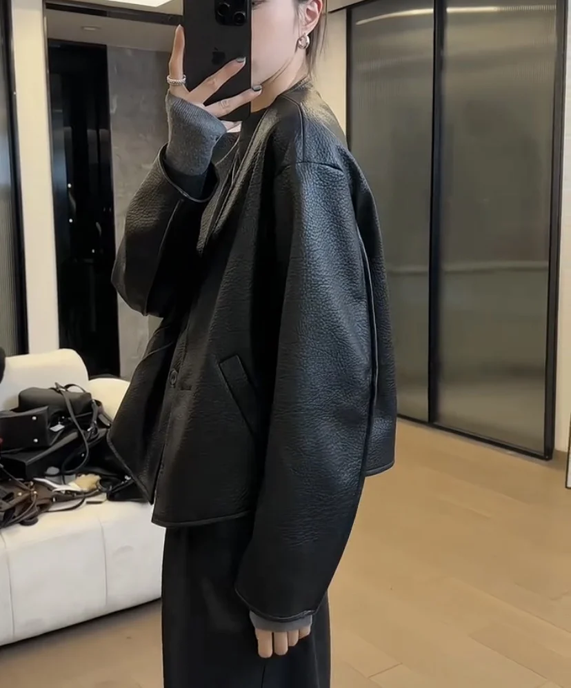 معطف Bla Leather Jaet النسائي ort V-ne لربيع وخريف جديد Sle معطف من جلد الغنم الأصلي مقاس صغير للتنقل Faion