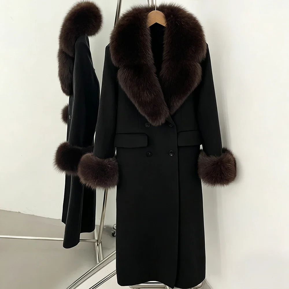 OFTBUY Großer Natürlicher Pelzkragen Doppelreihiger Langer Damen-Wollmantel Winter Warmer Dicker Schlanker Wollmantel mit Echtpelz – Detail 11