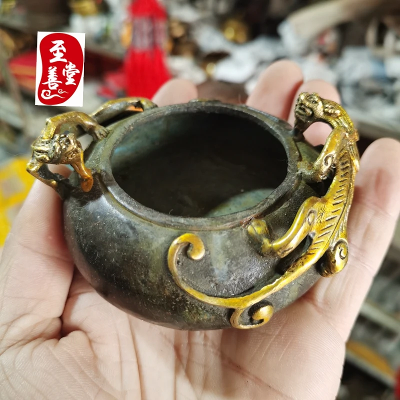 

Antique collection old pulp daming xuande lettering gilded double dragon pen bronze washer