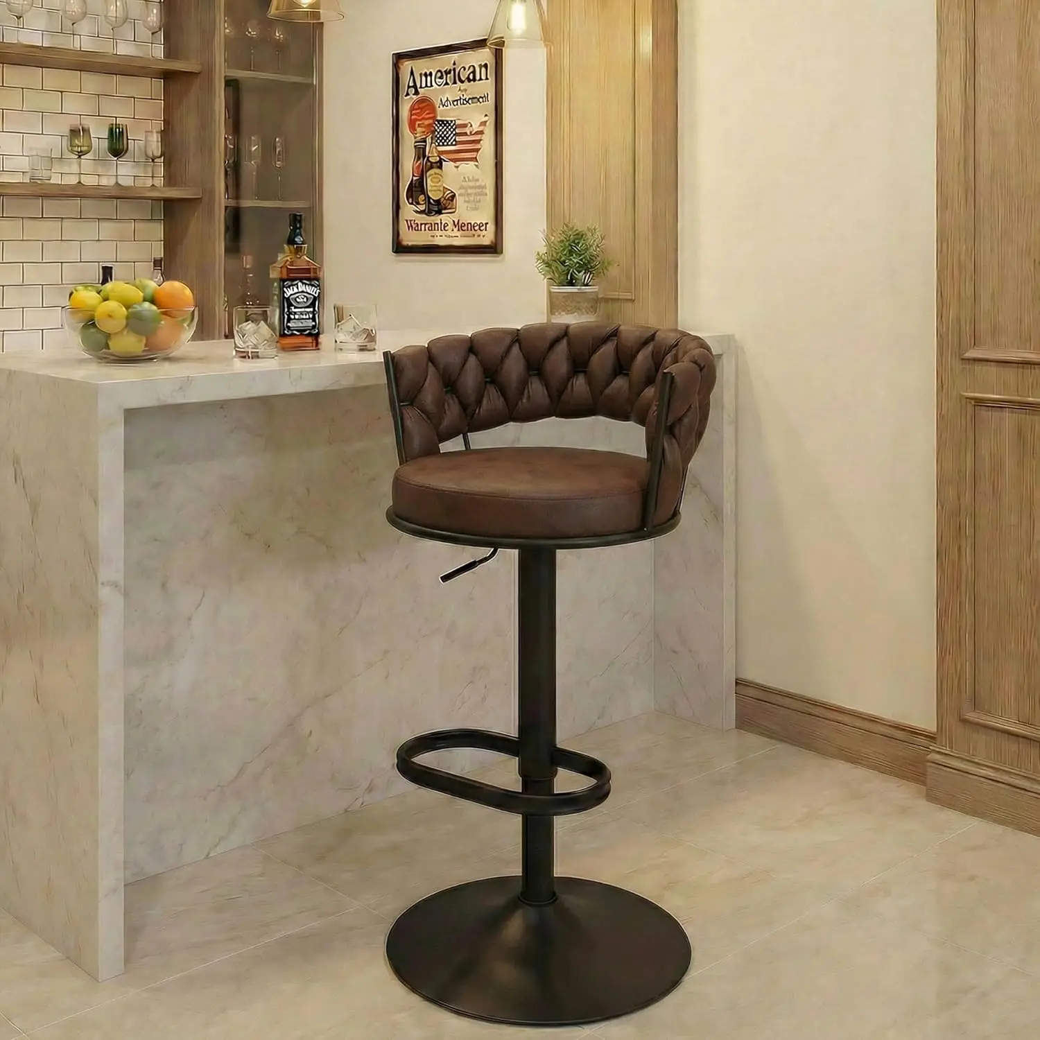 

Single Swivel Bar Stool, Adjustable Height Counter Stool with Woven Back, Metal Legs & Large Footrest, Cloth Fabric Upholster