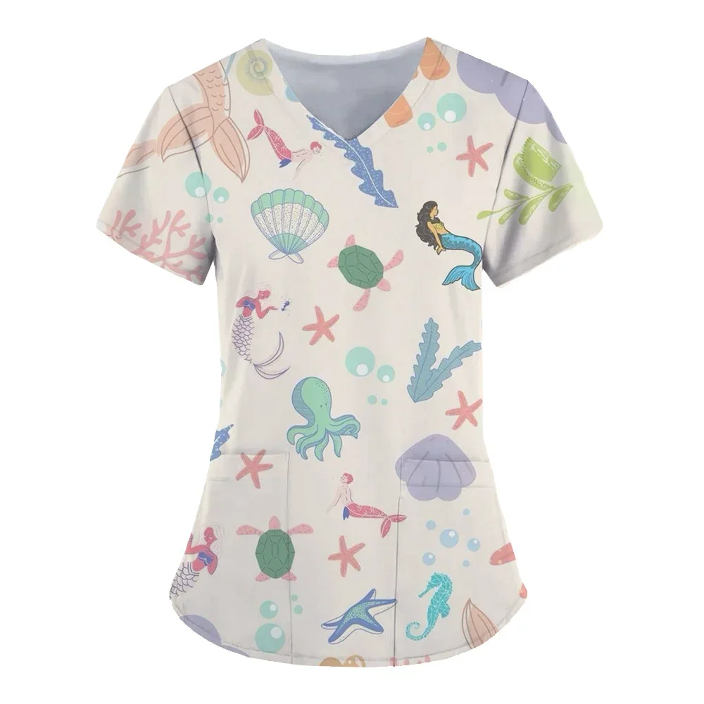 3Dプリントのナースユニフォーム,ポケット付きVネック,海洋生物パターン,快適でファッショナブル