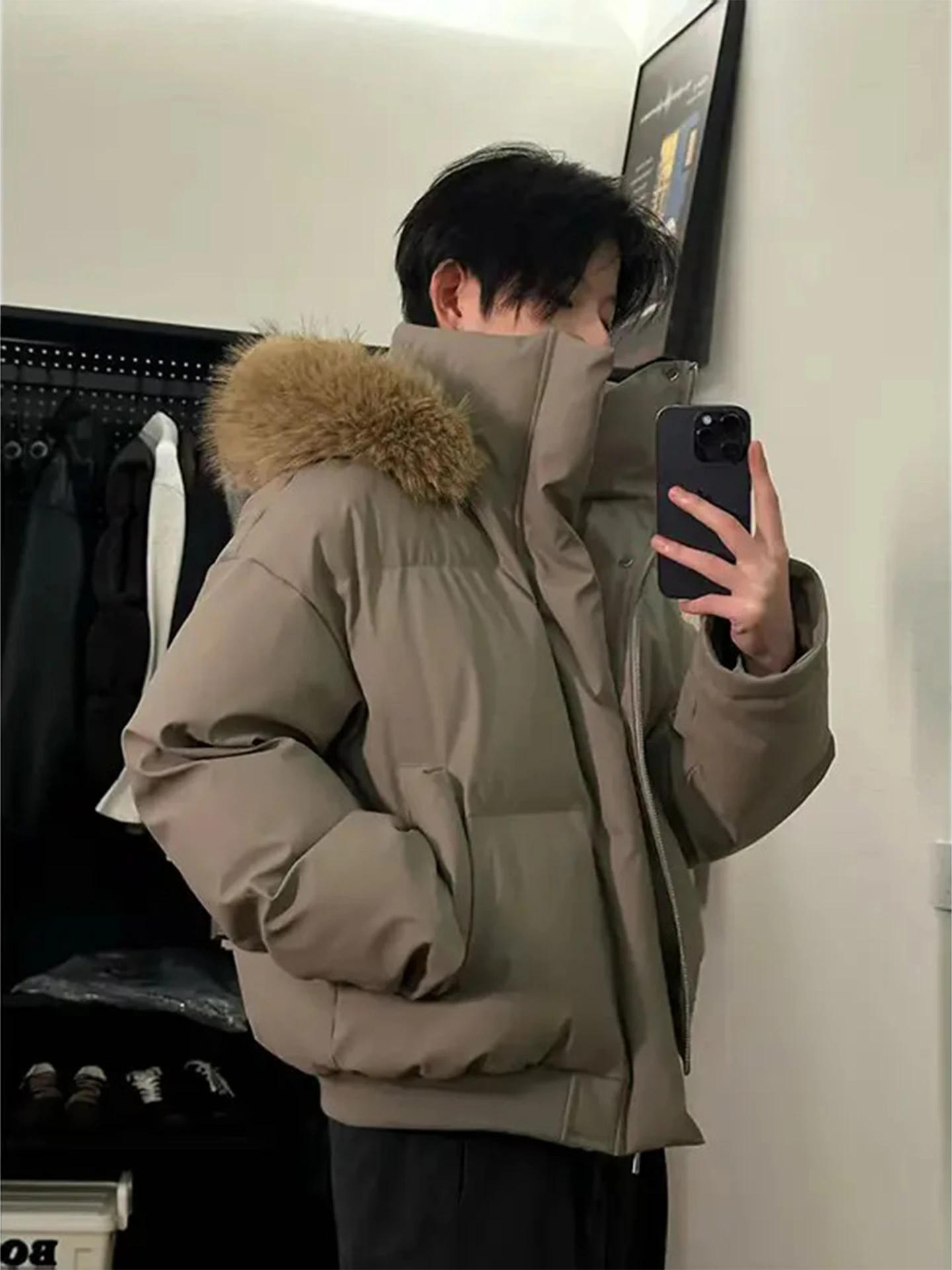 

Men's ort PU Leather down Jaet Hooded High Collar Winter Coat Brown Color American Retro Sle Bread Coat Warmth And Sle