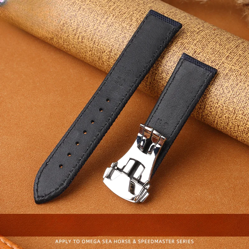 Nylon canvas leather strap for Omega Speedmaster AT150 Gold Needle Captain New Seamaster 300 folding buckle strap 20mm