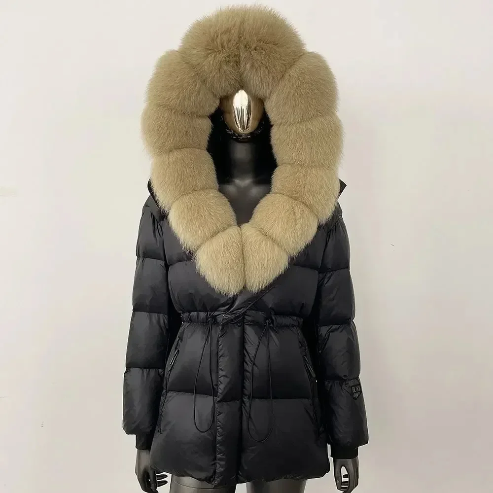 

Winter Real Fur White Goose Down Jacket Women New Natural Loose Thick Warm Real Big Fox Fur Collar Belt Puffer Parka Coat