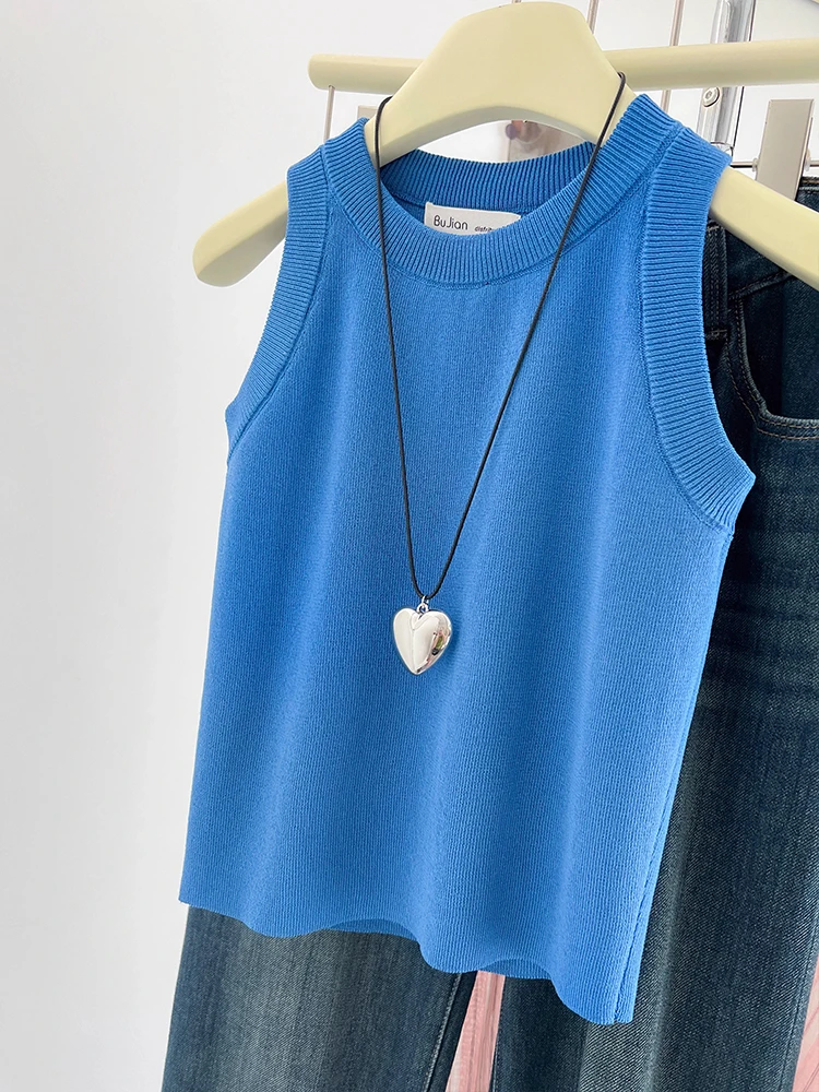 블루 아이스 실크 니트 스트랩 베스트 여성 여름 얇은 슬림핏 아우터웨어 베이스 셔츠 출퇴근용 슬리브 길이...