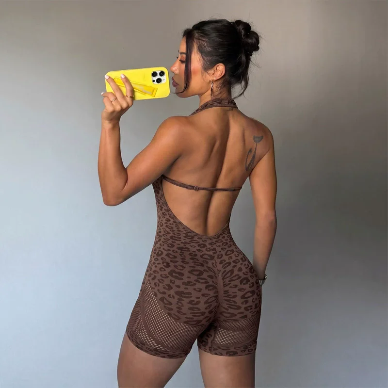 New Leopard Print One-Piece Yoga Wear Women's Halter-Neck Backless Hip-Lifting Shorts Fitness One-Piece Garment