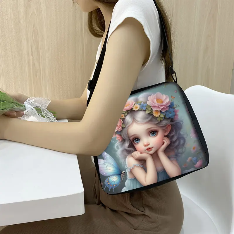 Cartoon Mushroom Fairy with Wing Print Shoulder Bags Women Handbag for Travel Girls Messenger Bag Phone Holder Storage Bags