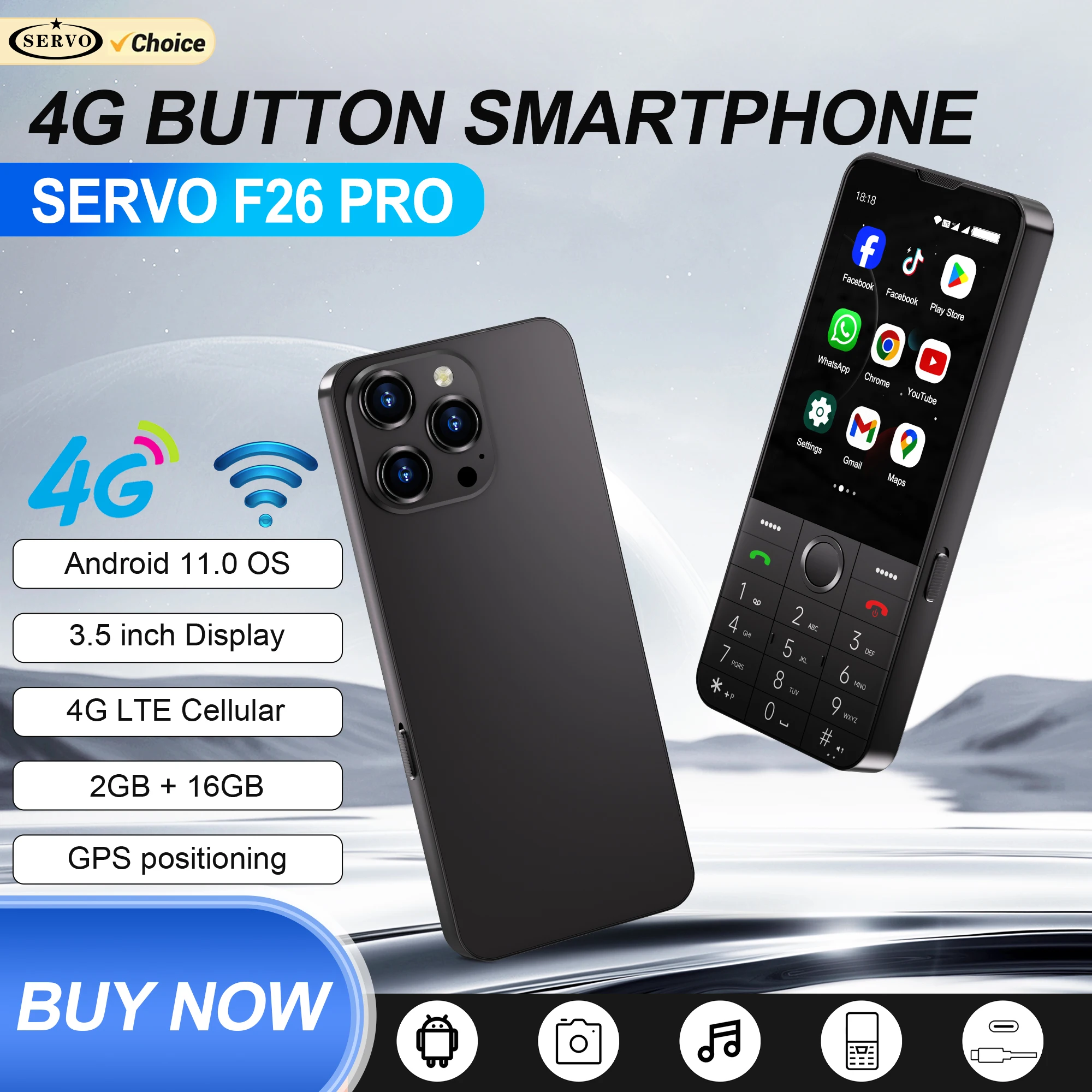 SERVO F26 PRO Android Touch Smartphone 4G LTE RAM 2GB ROM 16GB WhatsAPP Google Play WiFi Hotspot FM Dual SIM Button Smart Phones