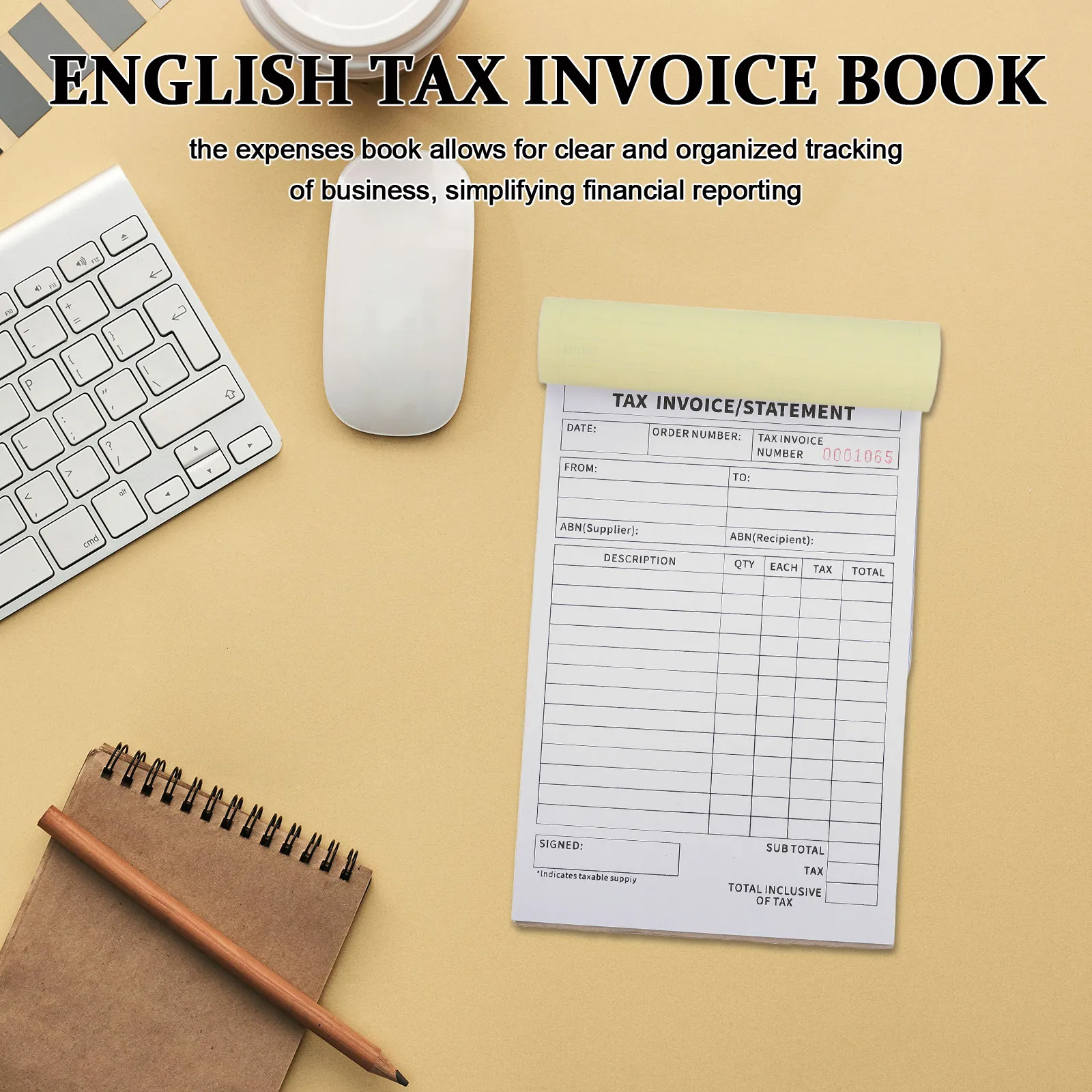 

Квитанционная книжка-фактура (3 экземпляра) на английском языке для малого бизнеса, отслеживания заказов, отчетности о расходах, международной логистики, 60 шт.