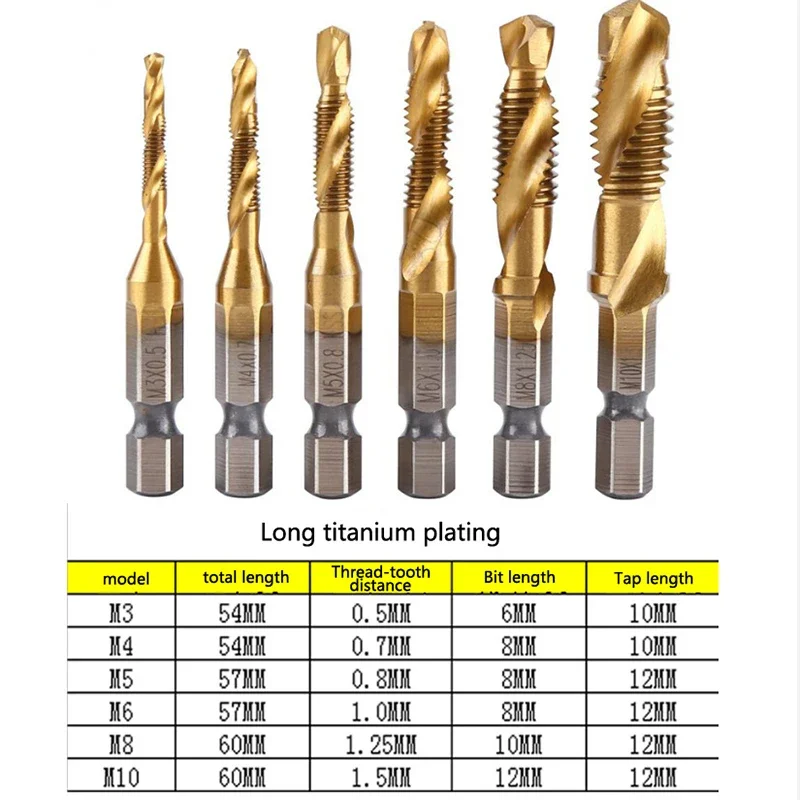 6 ชิ้น Compound เมตริก Tap เจาะ Bits สกรูเกลียว Hex Shank เครื่องไทเทเนียม HSS Tap Bit เครื่องมือสําหรับโลหะเหล็กไม้พลาสติก
