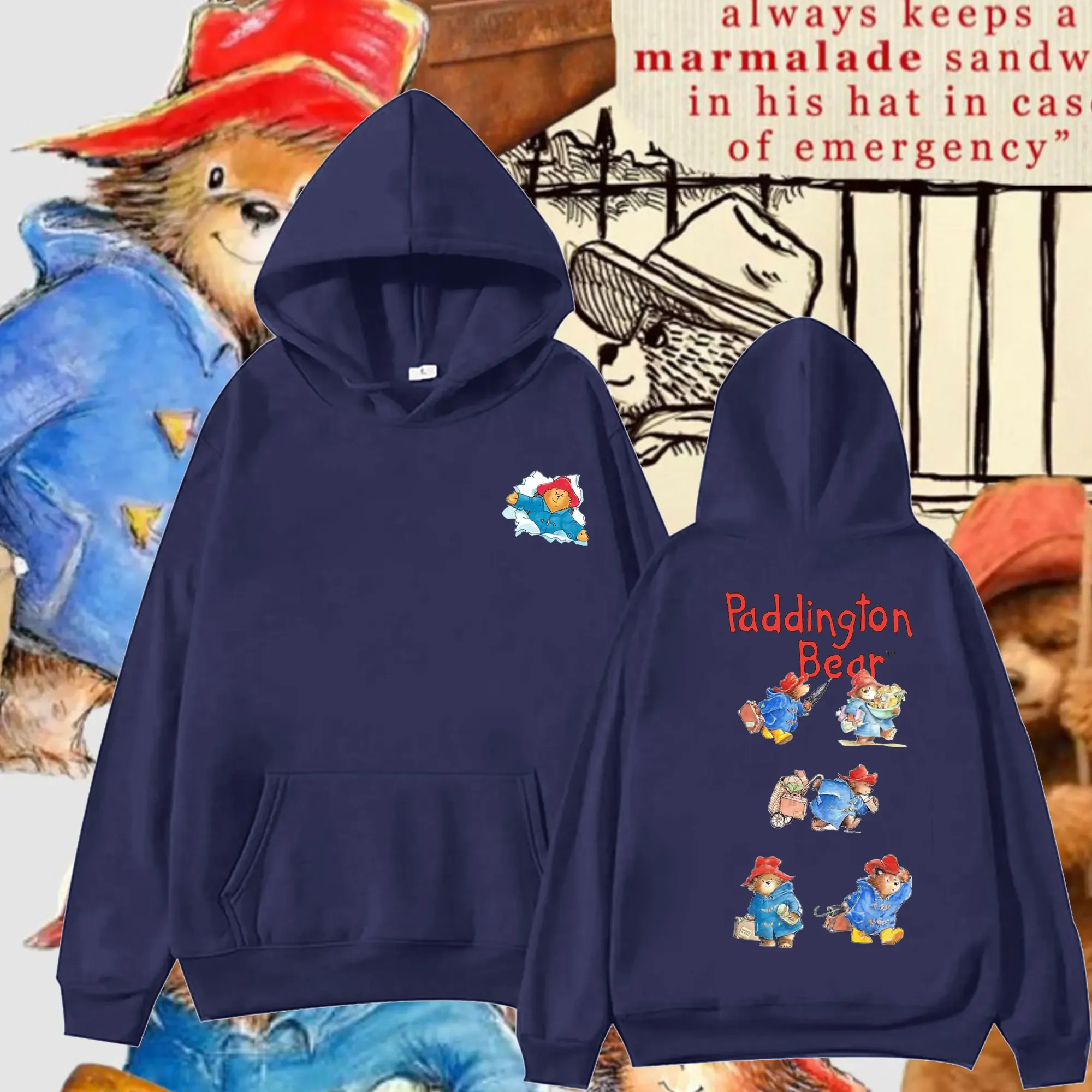 New Men Women  Hoodies Paddington Bear in London Double-sided Print Cartoon Pattern Hoodie Graphic Loose Pullover Sweatshirt