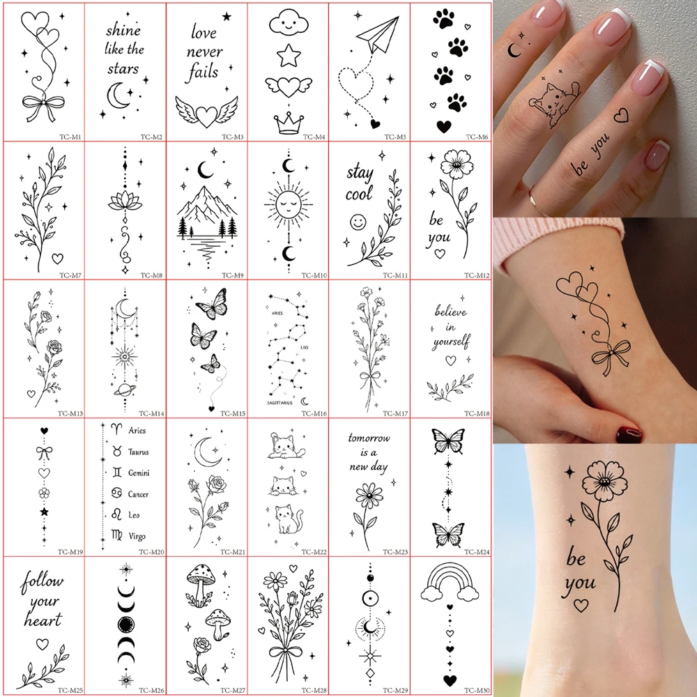 30pcs Black Fingertip Small Tattoo Stickers Flower Butterfly Heart Moon Letter Pattern Temporary Tattoos Fake Tattoo for Women