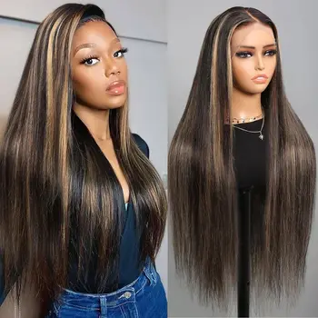 1B/27 스트레이트 하이라이트 가발 인간의 머리카락 30 인치 13x4 HD 레이스 정면 가발 흑인 여성을위한 자연 브라질 머리 가발