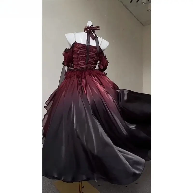 Lolita One-word Collar Neck Bow Fluffy Princess Party Dresses Black and Red Gradual Change Sweet High Waist Wedding Dress