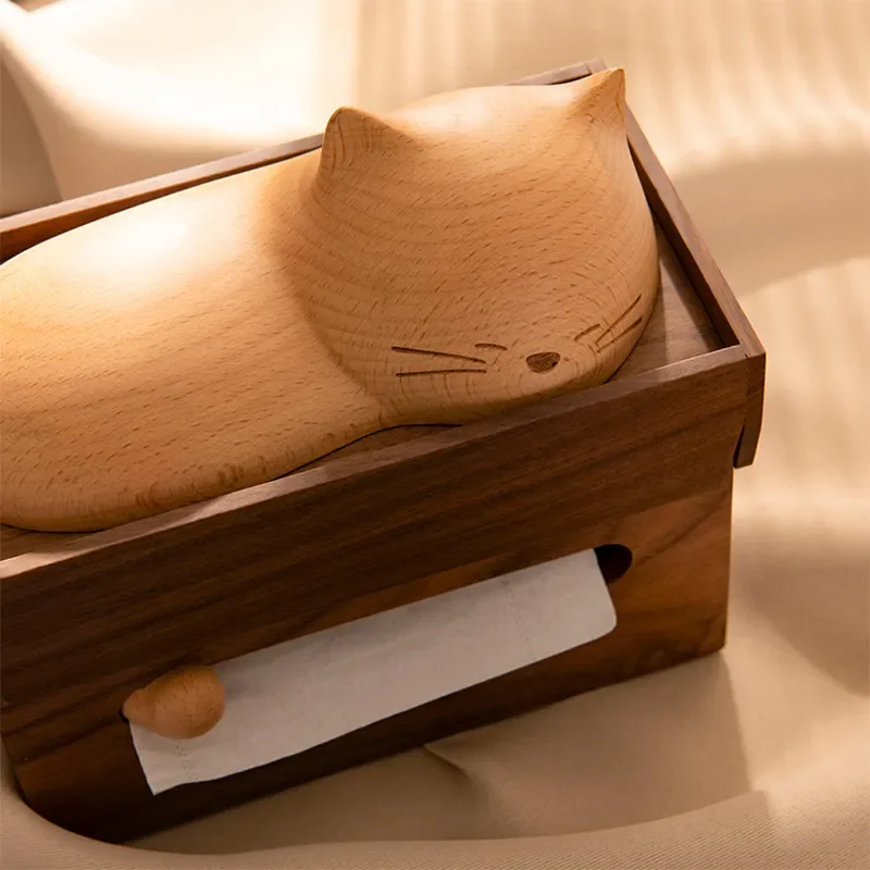 Cute Cartoon Cat Solid Wood Tissue Box Desktop Napkin Holder Living Room Dining Table Storage Organizer Side Pumping Paper
