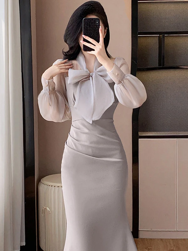 Ele Fi Tail Dr Retro Ladylike High Waist Polyester Fiber Spring Autumn Long Sve round Ne A-Line Evening Gown